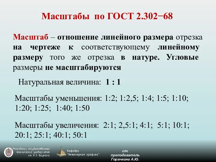 Масштабы по ГОСТ 2.302−68 Масштаб – отношение линейного размера отрезка на