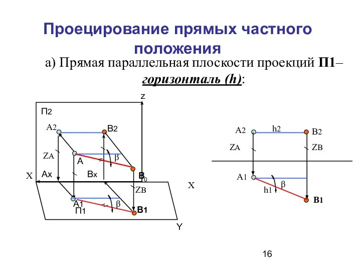 Проецирование прямых частного положения а) Прямая параллельная плоскости проекций П1– горизонталь