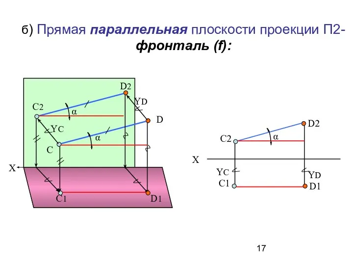 б) Прямая параллельная плоскости проекции П2- фронталь (f): С D С2