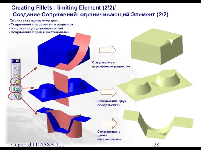 Copyright DASSAULT SYSTEMES 2001 Creating Fillets : limiting Element (2/2)/ Создание