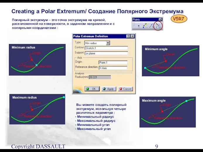 Copyright DASSAULT SYSTEMES 2001 Creating a Polar Extremum/ Создание Полярного Экстремума