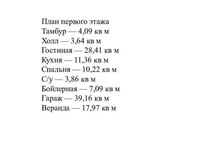 План первого этажа Тамбур — 4,09 кв м Холл — 3,64