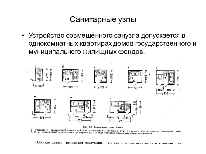 Санитарные узлы Устройство совмещённого санузла допускается в однокомнатных квартирах домов государственного и муниципального жилищных фондов.