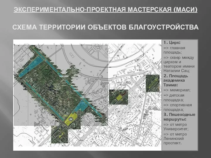 ЭКСПЕРИМЕНТАЛЬНО-ПРОЕКТНАЯ МАСТЕРСКАЯ (МАСИ) 1. Цирк: => главная площадь; => сквер между