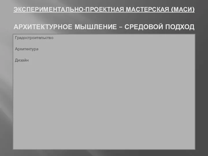 ЭКСПЕРИМЕНТАЛЬНО-ПРОЕКТНАЯ МАСТЕРСКАЯ (МАСИ) Градостроительство Архитектура Дизайн АРХИТЕКТУРНОЕ МЫШЛЕНИЕ – СРЕДОВОЙ ПОДХОД