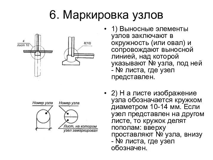 6. Маркировка узлов 1) Выносные элементы узлов заключают в окружность (или