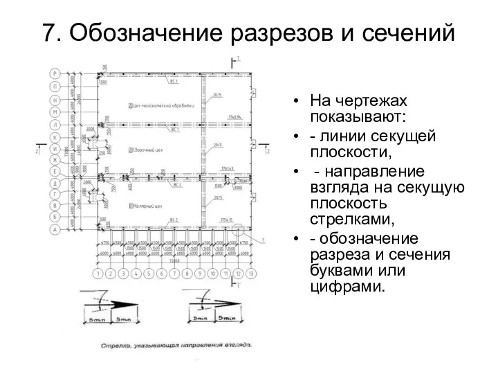 7. Обозначение разрезов и сечений На чертежах показывают: - линии секущей