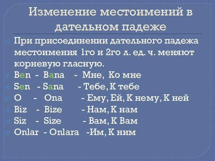 Изменение местоимений в дательном падеже При присоединении дательного падежа местоимения 1го