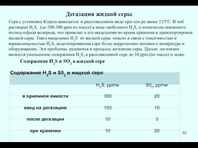 Дегазация жидкой серы Сера с установки Клауса выводится в расплавленном виде