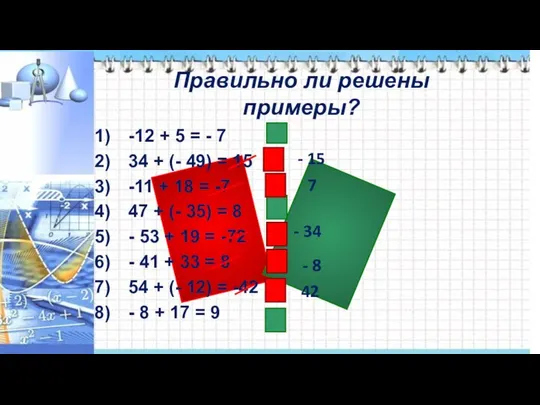 Правильно ли решены примеры? -12 + 5 = - 7 34