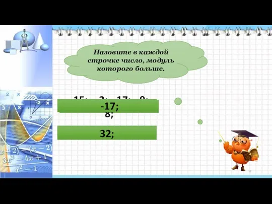 Назовите в каждой строчке число, модуль которого больше. -16; -26; 28;