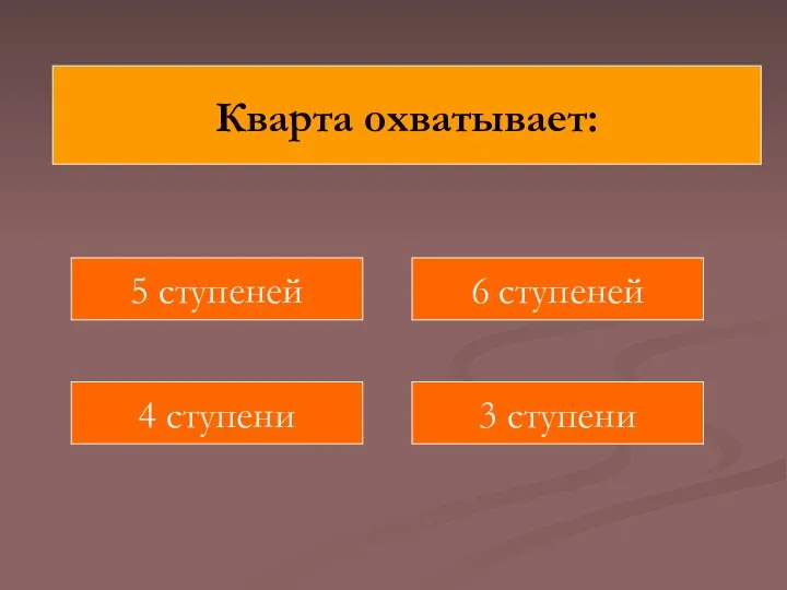 Кварта охватывает: 5 ступеней 3 ступени 4 ступени 6 ступеней