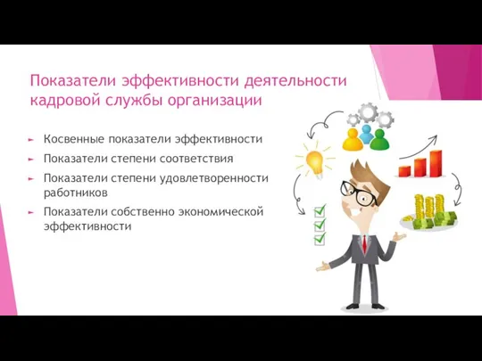 Показатели эффективности деятельности кадровой службы организации Косвенные показатели эффективности Показатели степени