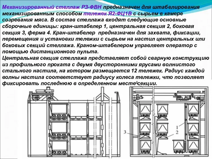 Механизированный стеллаж РЗ-ФВН предназначен для штабелирования механизированным способом тележек Я2-ФЦ1В с