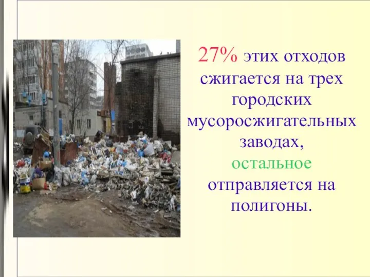 27% этих отходов сжигается на трех городских мусоросжигательных заводах, остальное отправляется на полигоны.