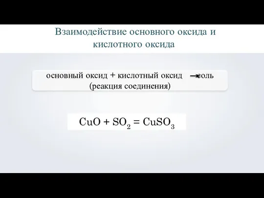 Взаимодействие основного оксида и кислотного оксида CuO + SO2 = CuSO3