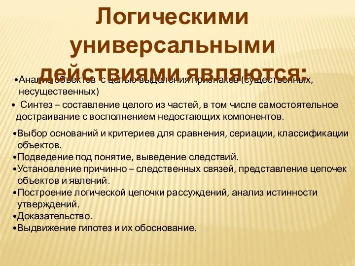 Анализ объектов с целью выделения признаков (существенных, несущественных) Синтез – составление