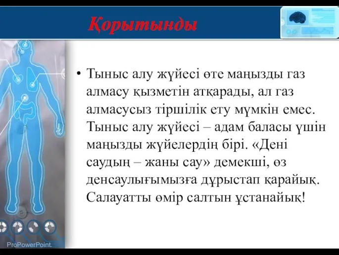 Қорытынды Тыныс алу жүйесі өте маңызды газ алмасу қызметін атқарады, ал