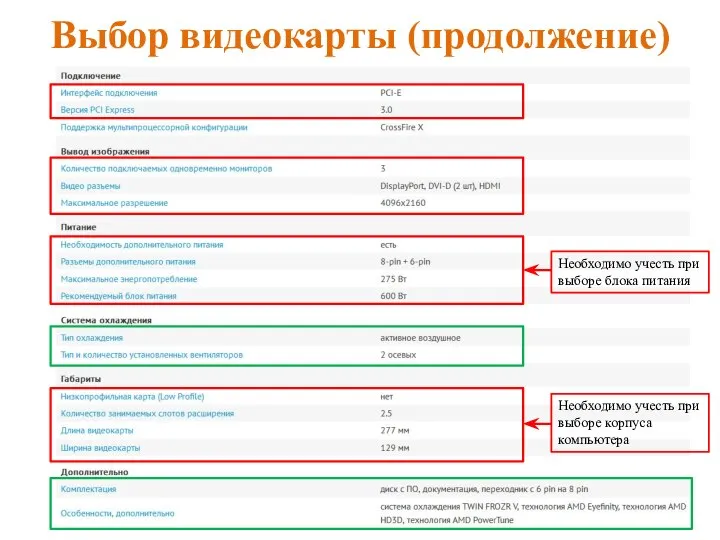 Выбор видеокарты (продолжение) Необходимо учесть при выборе блока питания Необходимо учесть при выборе корпуса компьютера