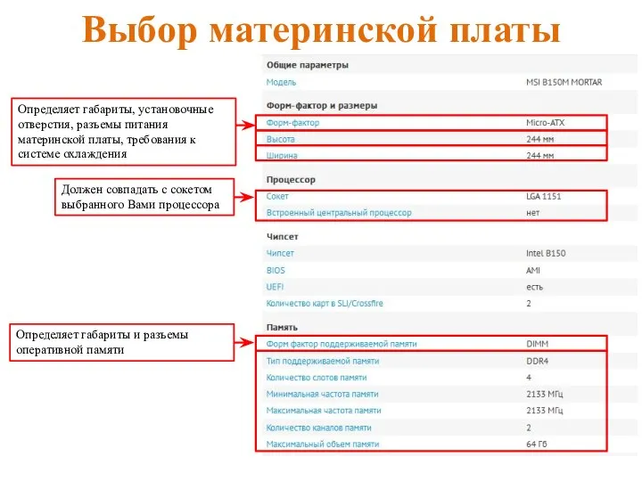 Выбор материнской платы Определяет габариты, установочные отверстия, разъемы питания материнской платы,