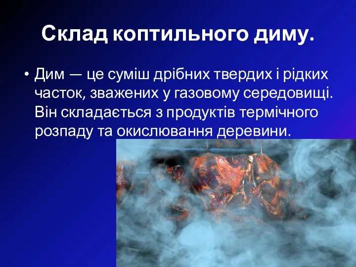 Склад коптильного диму. Дим — це суміш дрібних твердих і рідких