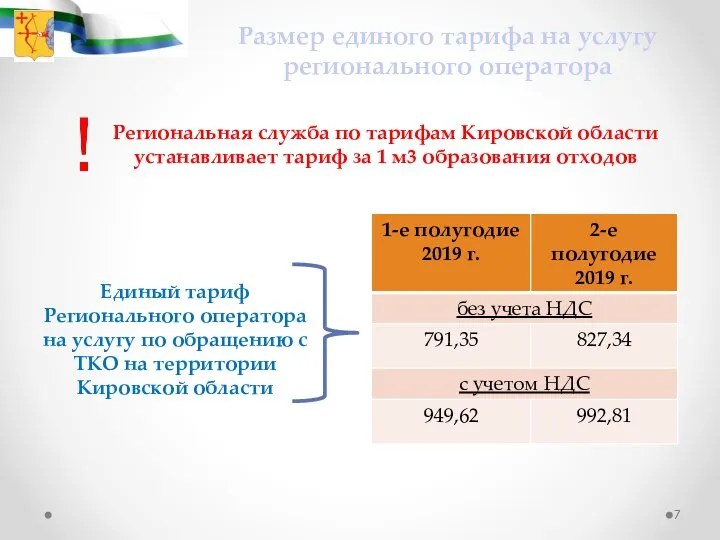 Размер единого тарифа на услугу регионального оператора Региональная служба по тарифам