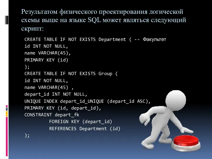 Результатом физического проектирования логической схемы выше на языке SQL может являться