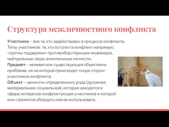 Структура межличностного конфликта Участники – все те, кто задействован в процессе