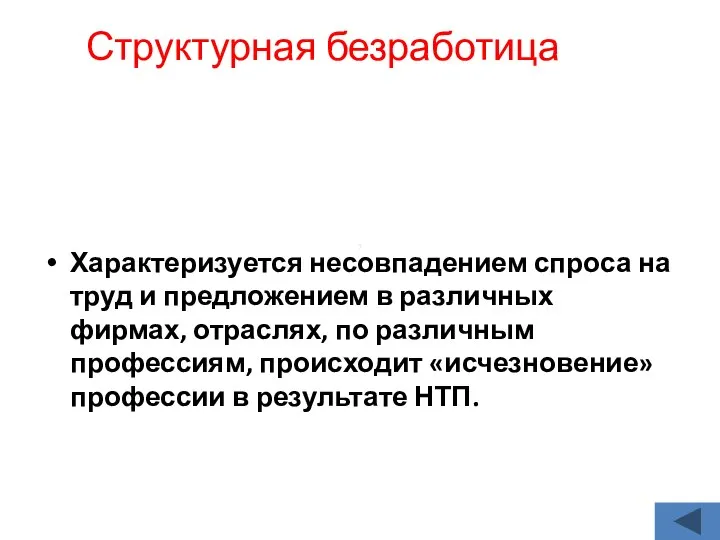 Структурная безработица Характеризуется несовпадением спроса на труд и предложением в различных