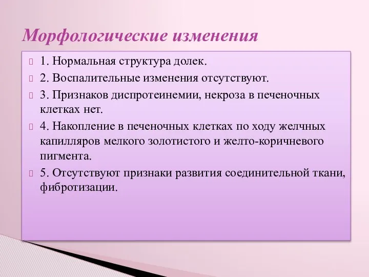 1. Нормальная структура долек. 2. Воспалительные изменения отсутствуют. 3. Признаков диспротеинемии,