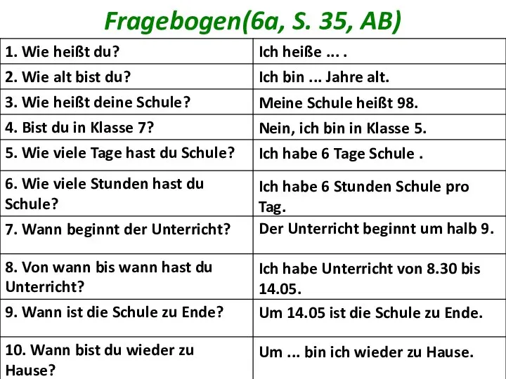 Fragebogen(6a, S. 35, AB) Ich heiße ... . Ich bin ...