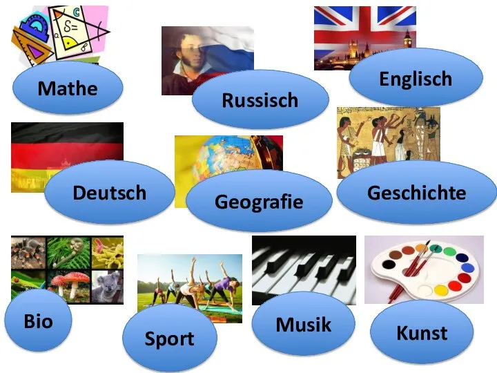 Mathe Russisch Englisch Deutsch Sport Bio Geografie Geschichte Musik Kunst