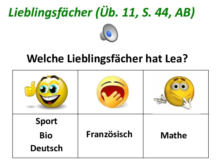 Lieblingsfächer (Üb. 11, S. 44, AB) Welche Lieblingsfächer hat Lea? Sport Bio Deutsch Französisch Mathe