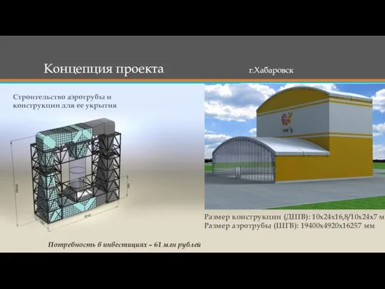 Концепция проекта г.Хабаровск Размер конструкции (ДШВ): 10х24х16,8/10х24х7 м Размер аэротрубы (ШГВ):