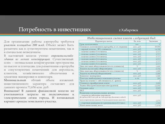 Потребность в инвестициях г.Хабаровск . Для организации работы аэротрубы требуется участок