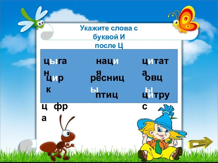 цыган цифра нация цитата овцы цитрус цирк ресницы Укажите слова с буквой И после Ц птицы