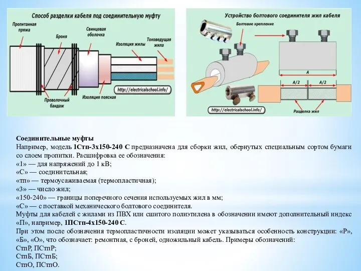 Соединительные муфты Например, модель 1Стп-3х150-240 С предназначена для сборки жил, обернутых