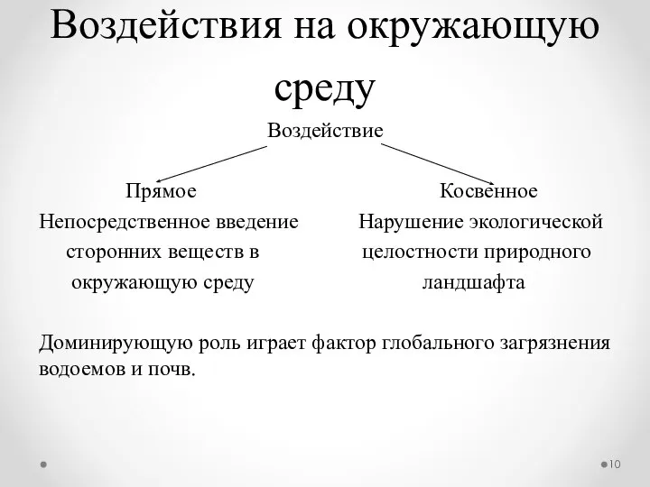 Воздействия на окружающую среду Воздействие Прямое Косвенное Непосредственное введение Нарушение экологической