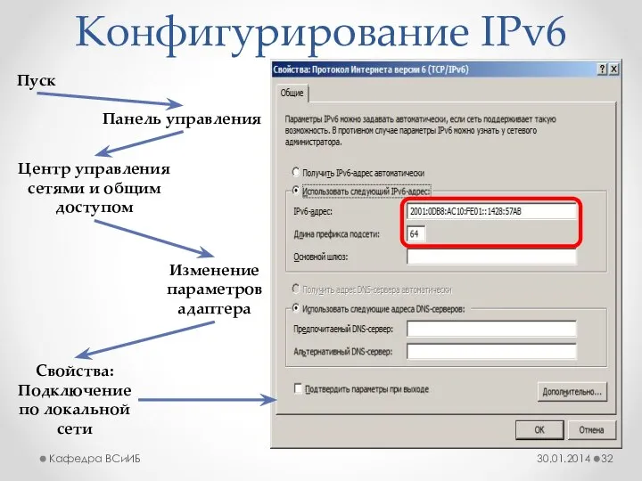 Конфигурирование IPv6 30.01.2014 Кафедра ВСиИБ Пуск Панель управления Центр управления сетями