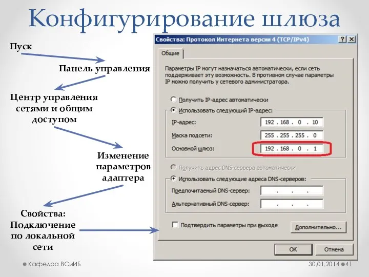 Конфигурирование шлюза 30.01.2014 Кафедра ВСиИБ Пуск Панель управления Центр управления сетями