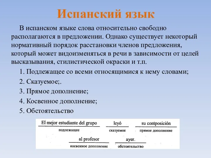 Испанский язык В испанском языке слова относительно свободно располагаются в предложении.