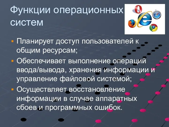 Функции операционных систем Планирует доступ пользователей к общим ресурсам; Обеспечивает выполнение