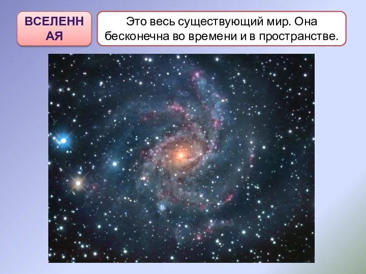 ВСЕЛЕННАЯ Это весь существующий мир. Она бесконечна во времени и в пространстве.