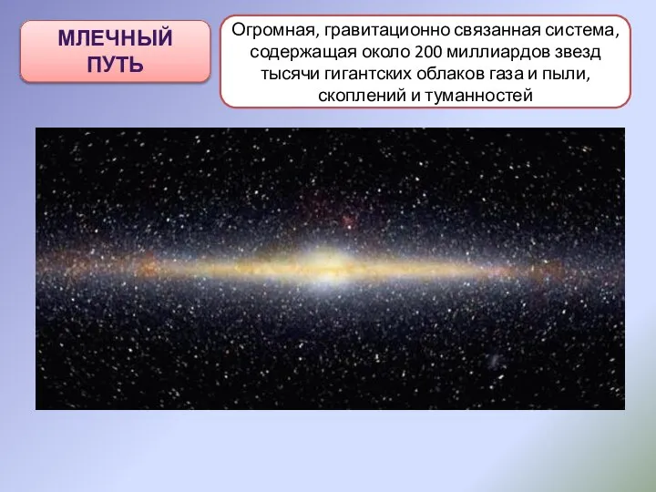 МЛЕЧНЫЙ ПУТЬ Огромная, гравитационно связанная система, содержащая около 200 миллиардов звезд