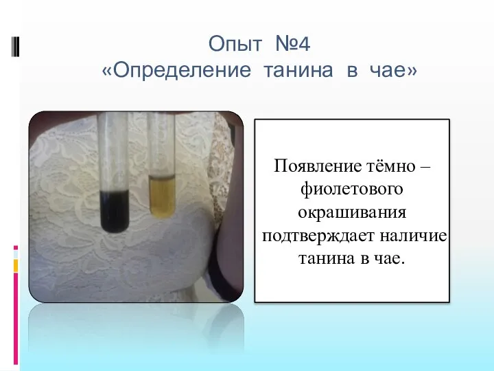 Опыт №4 «Определение танина в чае» Появление тёмно – фиолетового окрашивания подтверждает наличие танина в чае.