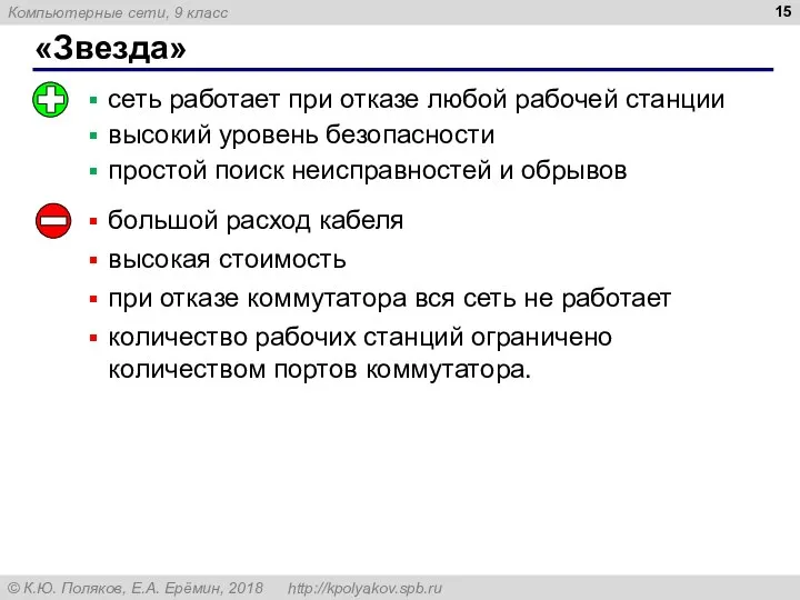 «Звезда» сеть работает при отказе любой рабочей станции высокий уровень безопасности