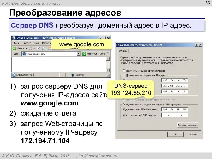 Преобразование адресов Сервер DNS преобразует доменный адрес в IP-адрес. www.google.com запрос