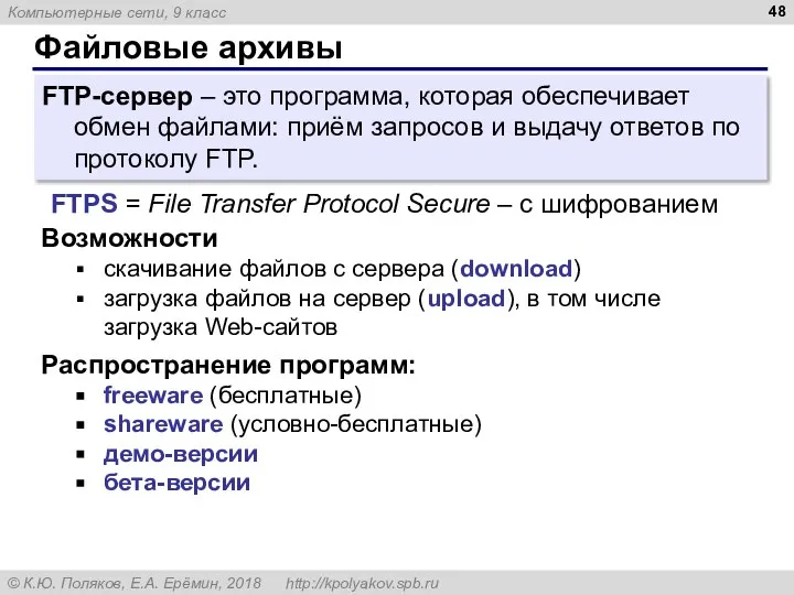 Файловые архивы FTP-сервер – это программа, которая обеспечивает обмен файлами: приём