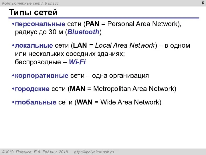 Типы сетей персональные сети (PAN = Personal Area Network), радиус до
