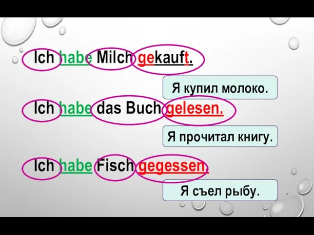 Ich habe Milch gekauft. Ich habe das Buch gelesen. Ich habe